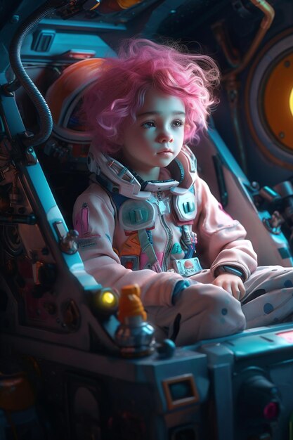 Un bambino con i capelli rosa siede in una tuta spaziale.