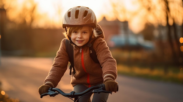 Un bambino con il casco da bicicletta che va in bicicletta per la prima volta