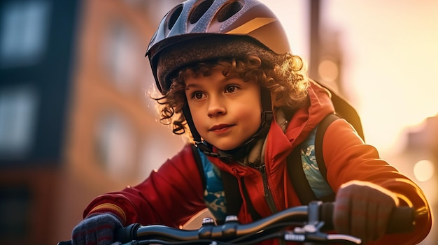 Un bambino con il casco da bicicletta che va in bicicletta per la prima volta