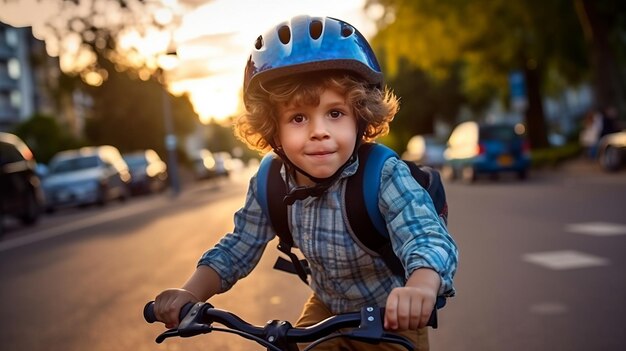 Un bambino con il casco da bicicletta che va in bicicletta per la prima volta