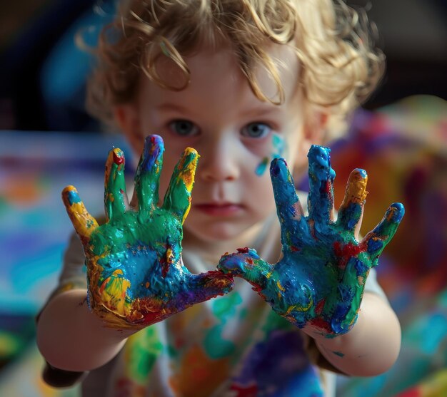 Un bambino con le mani dipinte