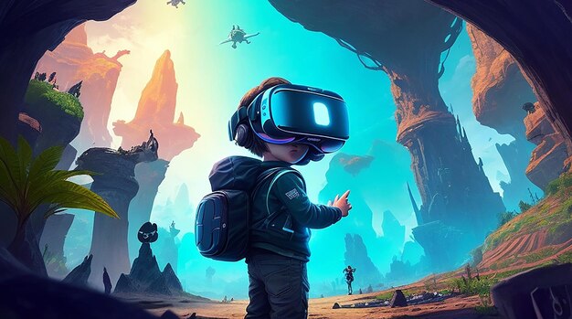 Un bambino con occhiali VR in un fantastico mondo di gioco fantasioso