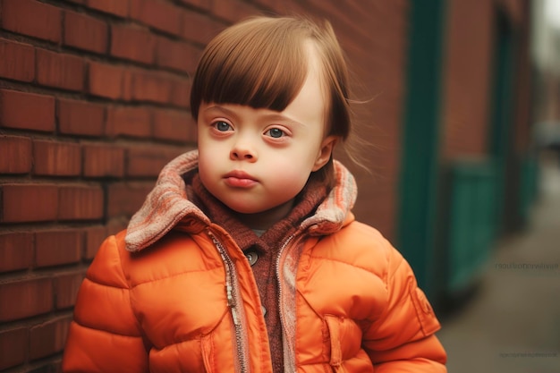 un bambino con sindrome di Down cammina per le strade della città e sorride alla telecamera