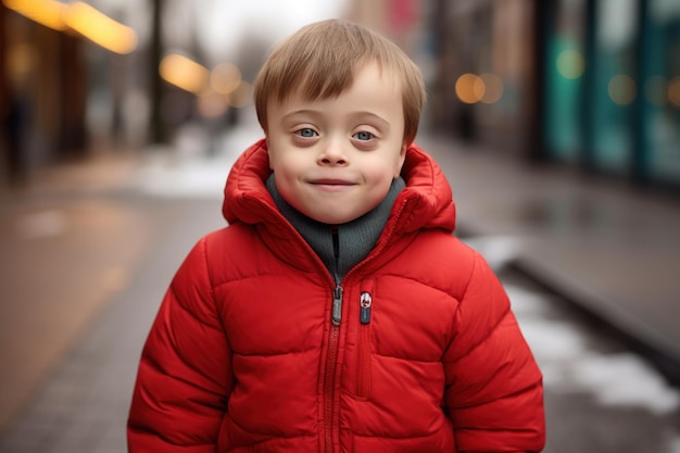 un bambino con sindrome di Down cammina per le strade della città e sorride alla telecamera