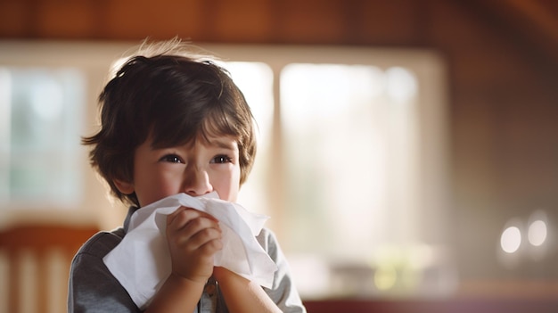 Un bambino con sintomi di malattia influenzale che cola o naso chiuso è malato