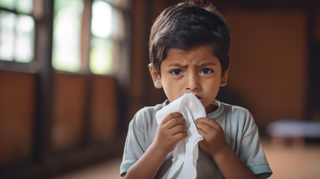 Un bambino con sintomi di malattia influenzale che cola o naso chiuso è malato