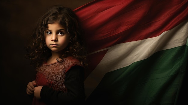 un bambino con sullo sfondo la bandiera palestinese