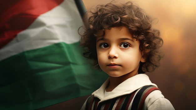 un bambino con sullo sfondo la bandiera palestinese