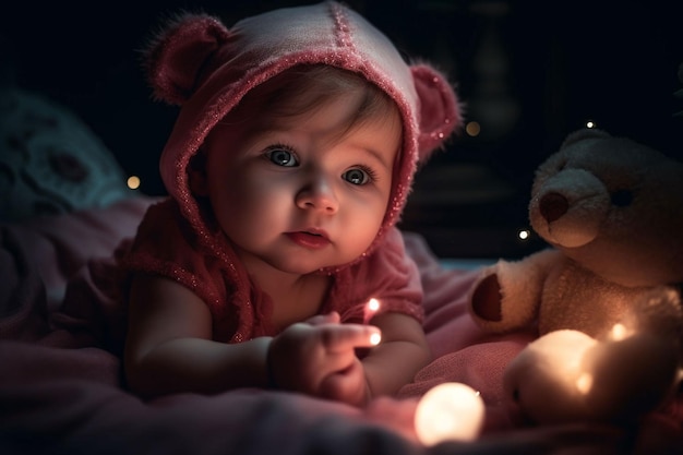 Un bambino con un cappello da orso guarda un orsacchiotto.