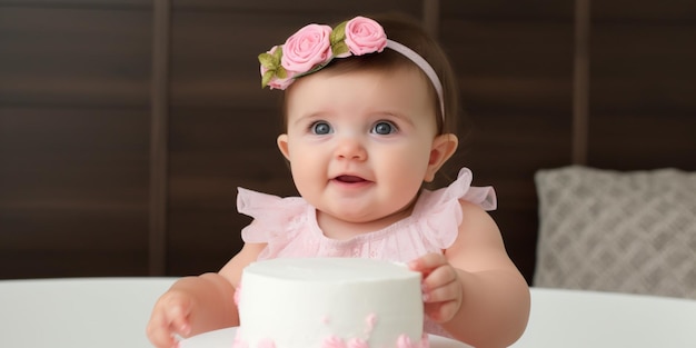 Un bambino con un fiocco rosa in testa tiene in mano una torta.