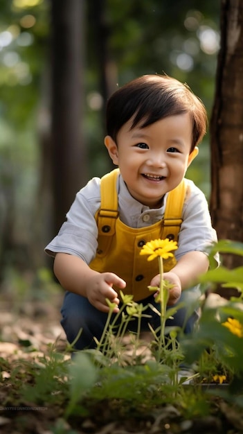 un bambino con un giubbotto giallo che dice felice