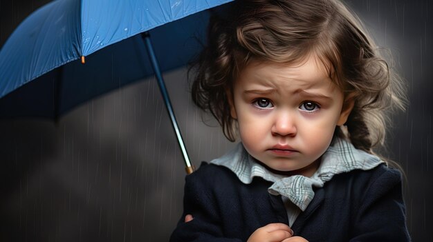 un bambino con un ombrello blu che ha la parola su di esso