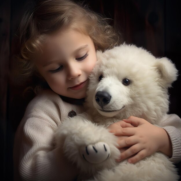 Un bambino con un peluche tra le braccia