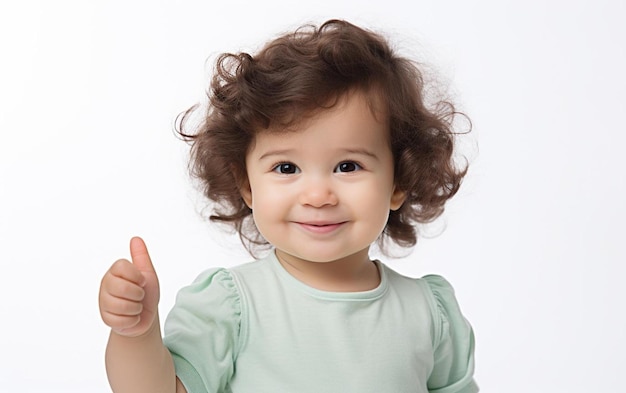 Un bambino con un pollice in su in una maglietta verde che dà un pollice in su.