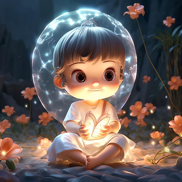Un bambino con una bolla con su scritto "farfalla".