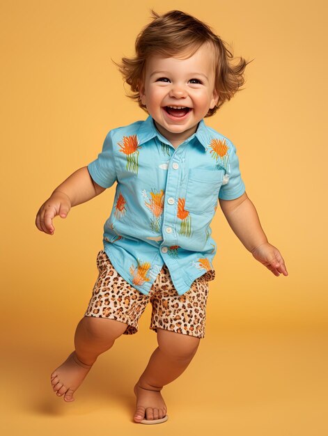 un bambino con una camicia blu sta sorridendo e indossa pantaloncini a stampa di leopardo.