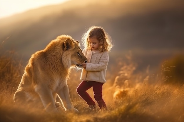 Un bambino con una camicia lunga bianca gioca con il leone nello zoo della savana