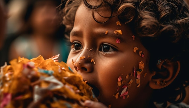 Un bambino con una foglia sul viso