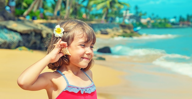 Un bambino con una stella marina e conchiglie nelle sue mani sulla spiaggia