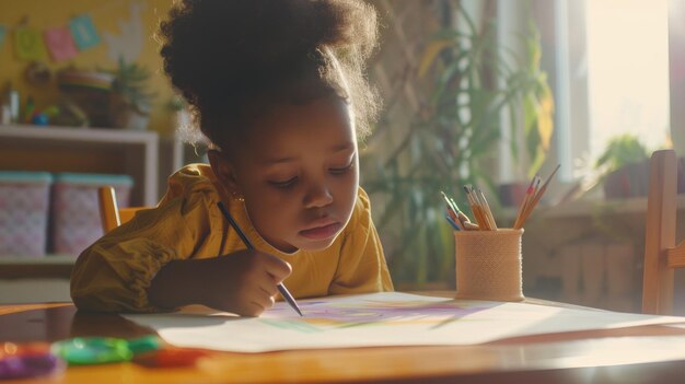 Un bambino concentrato profondamente immerso nel disegno con matite colorate a casa