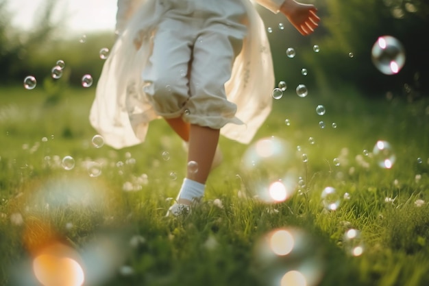 Un bambino corre attraverso un campo di bolle di sapone