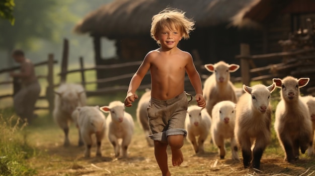un bambino corre in una fattoria con animali natura AI generativa AI