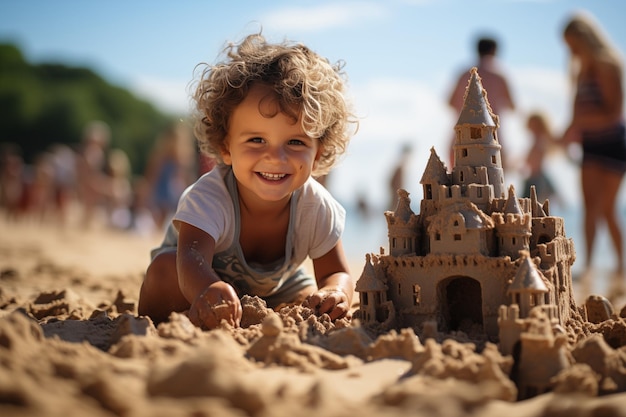 un bambino costruisce un castello di sabbia sulla spiaggia e sullo sfondo del mare per divertimento e design carino