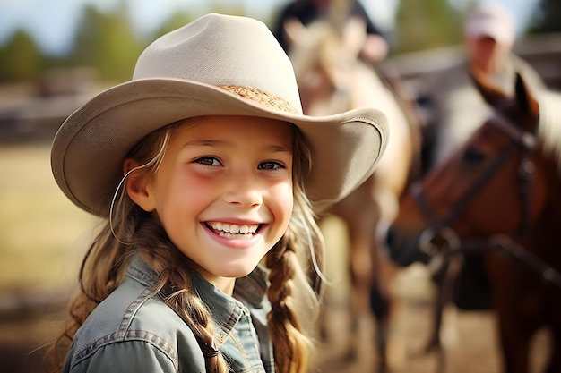 Un bambino cowgirl con un cappello da cowboy leggero posa sullo sfondo di cavalli al pascolo