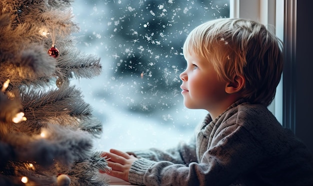 Un bambino curioso che guarda attraverso una finestra un albero di Natale festivo