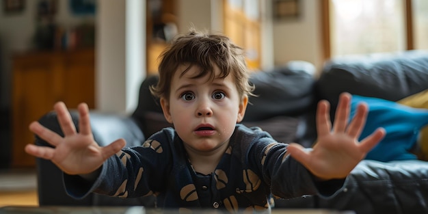 Un bambino curioso che sbircia sulla superficie in un ambiente domestico accogliente ha catturato un momento sincero dell'infanzia stile di vita all'interno AI