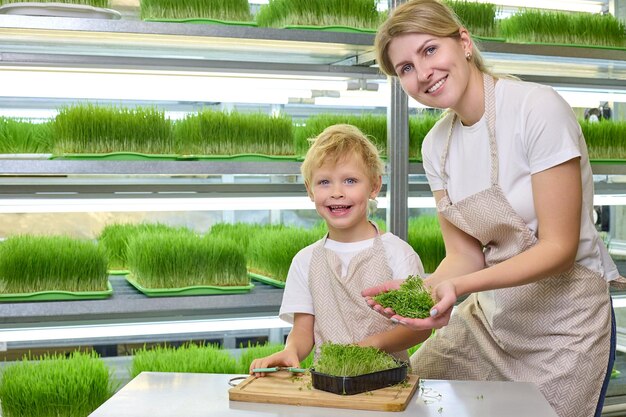 Un bambino dai capelli biondi e una giovane donna si divertono a tagliare la microverde