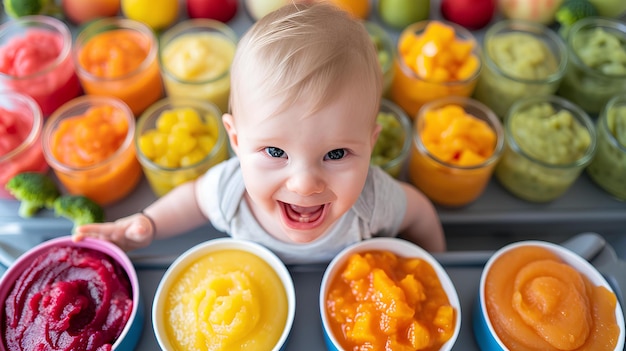 Un bambino davanti a ciotole colorate di cibo