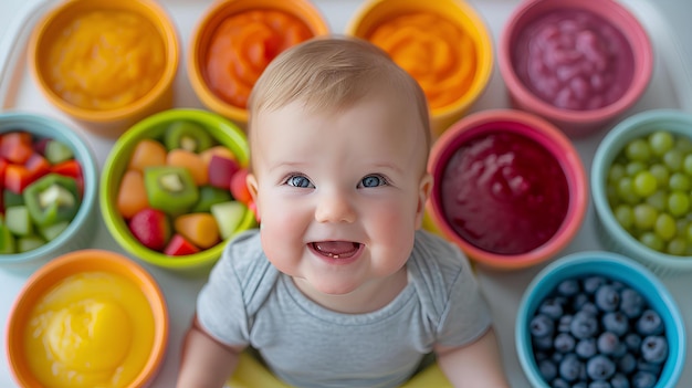 Un bambino davanti a ciotole di frutta diversa