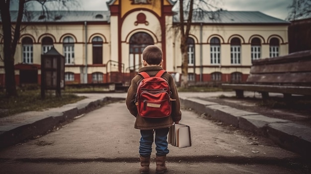 un bambino davanti alla scuola