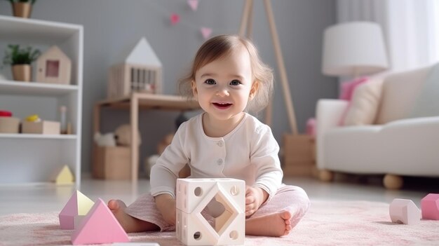 Un bambino di 23 anni gioca con i giocattoli in una stanza per bambini Happy childhood Leisure time of the baby Early development