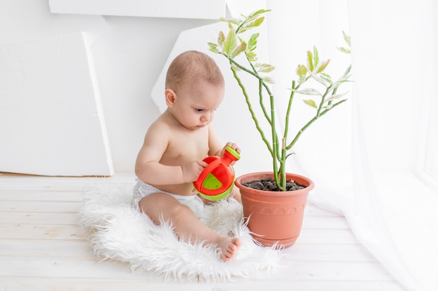 Un bambino di 8 mesi è seduto alla finestra con un annaffiatoio e innaffia un fiore in abiti bianchi in un appartamento luminoso, prendendosi cura delle piante da un bambino