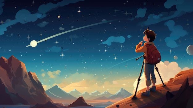 Un bambino di cartone animato vettoriale con un telescopio che guarda le stelle