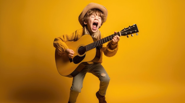 un bambino divertente che suona la chitarra e canta su uno sfondo giallo