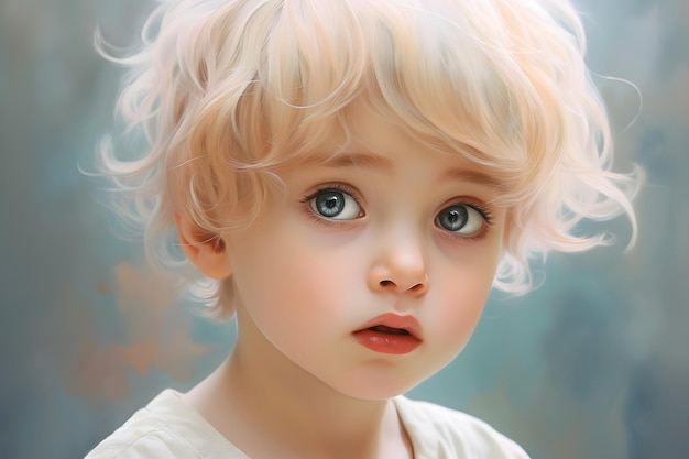 Un bambino dolce e innocente con grandi occhi da cerbiatto e capelli corti color pastello