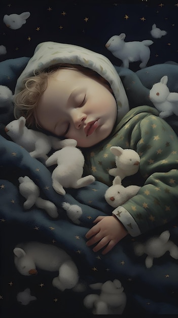 Un bambino dorme con una coperta blu e dei peluche bianchi.