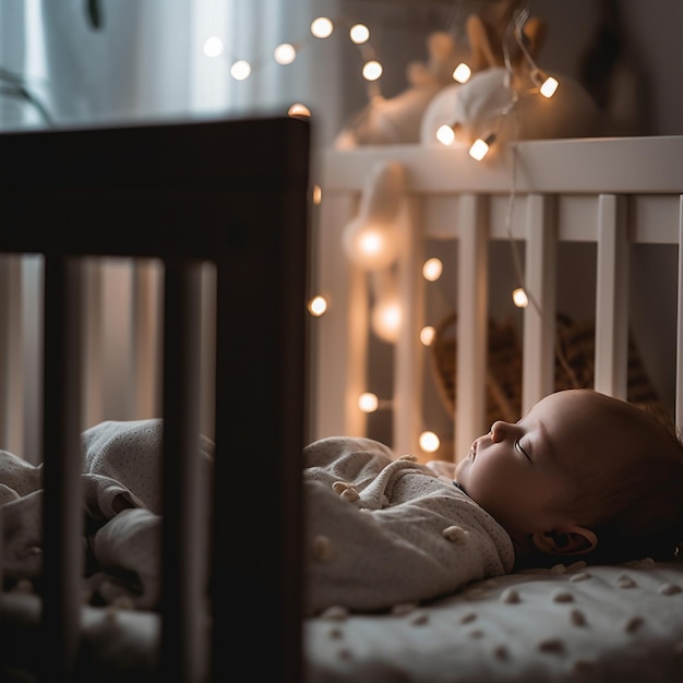 Un bambino dorme in una culla con una coperta che dice "baby"
