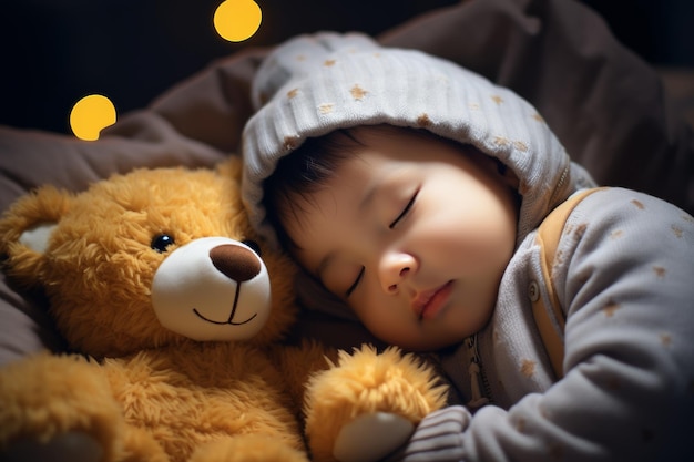 Un bambino dorme profondamente coccolato da un orsacchiotto di peluche su un letto accogliente