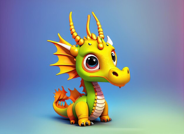 Un bambino drago Kawaii rendering 3D luminoso e colorato generato dal computer Bambino drago adorabile con occhi grandi e scale realistiche