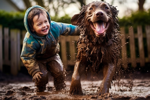 un bambino e il suo cane coperti dalla testa ai piedi nel fango dopo un gioco giocoso nel cortile AI generativo