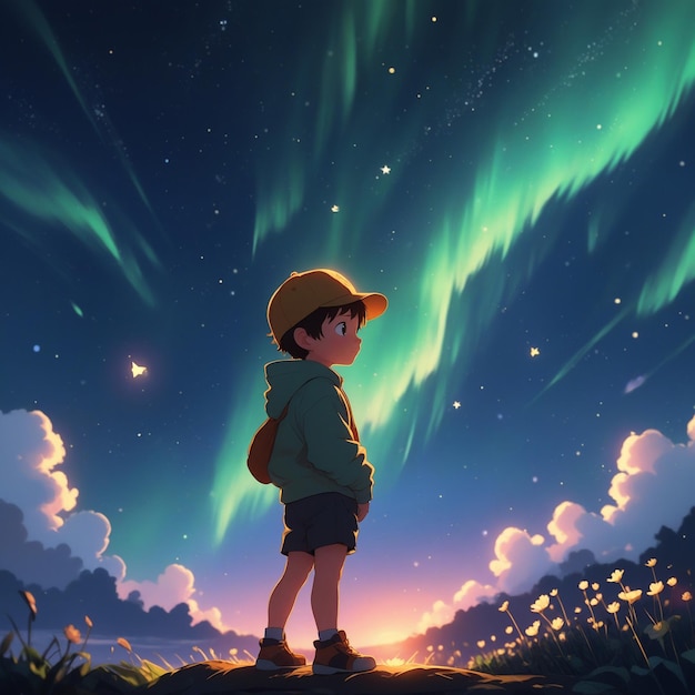 un bambino è in piedi sotto l'aurora