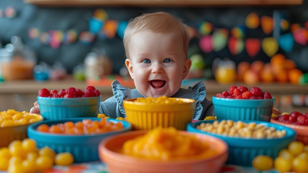 Un bambino è seduto davanti a un tavolo pieno di cibo