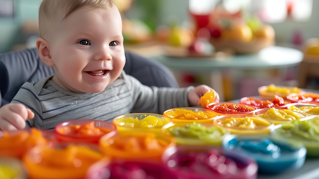 Un bambino è seduto in una sedia alta