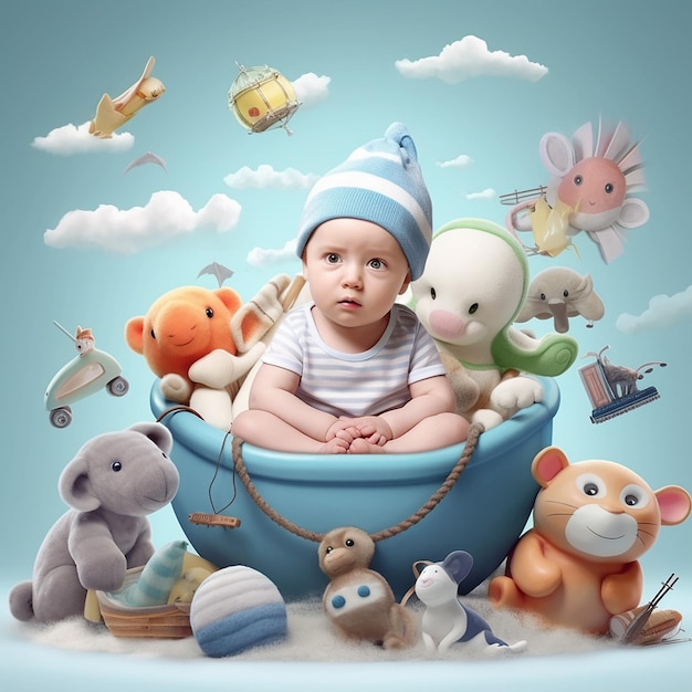 Un bambino è seduto in una vasca blu con sopra tanti animali di peluche.