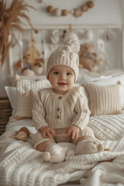 Un bambino è seduto su un letto indossando un cappello e un maglione