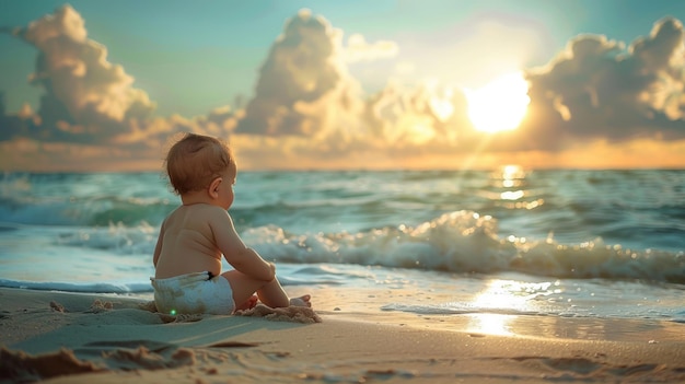 Un bambino è seduto sulla spiaggia a guardare l'oceano